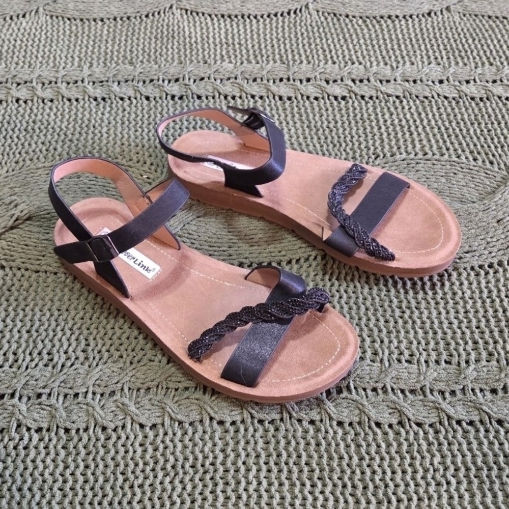 Forever Link Sandals Flat Rhinestone Open Toe Ankle Strap Black Reform-72